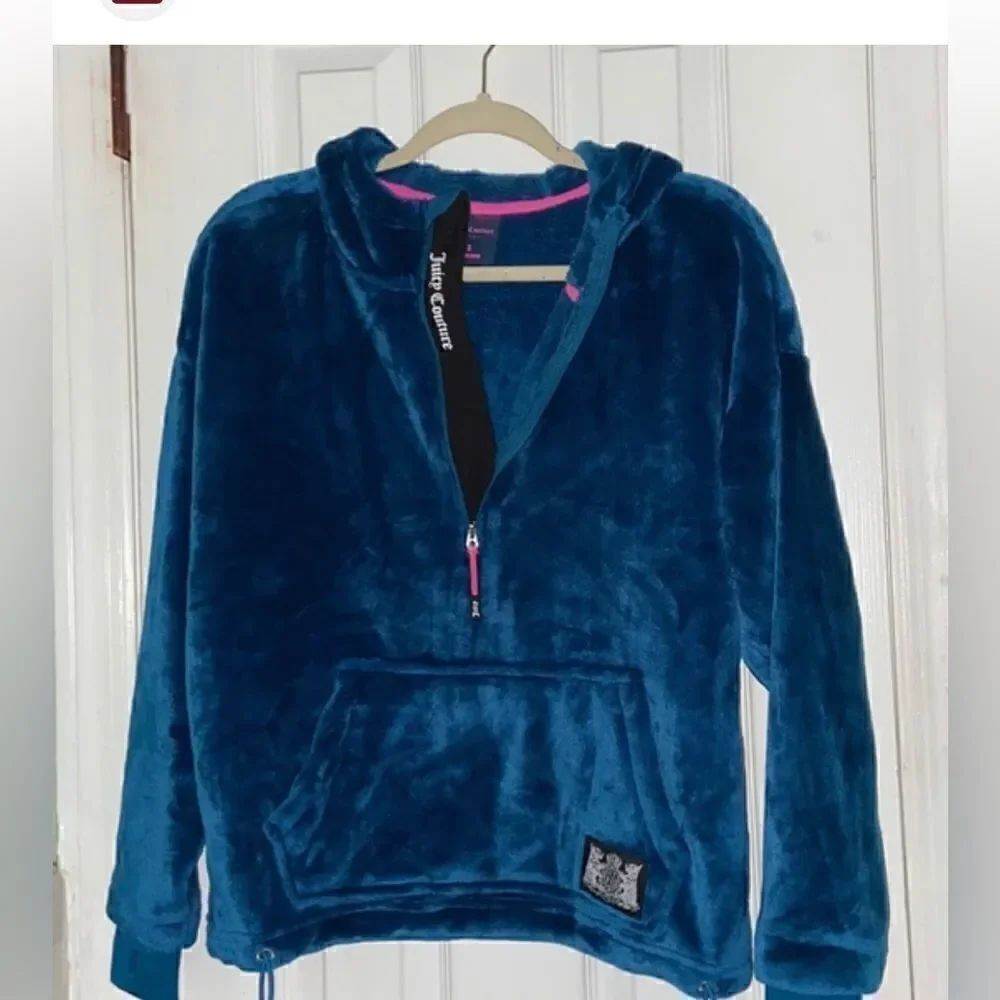 Juice couture sports Sherpa hoodie silky fleece teal/aqua sz large vintage y2k
